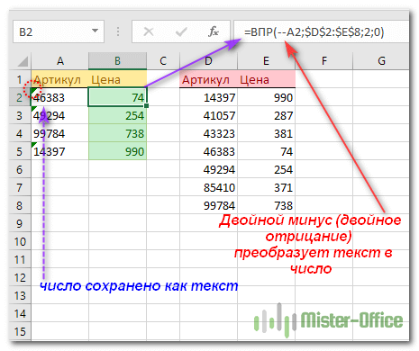 двойное отрицание для преобразования текста в число в Excel