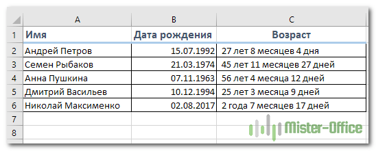 расчет возраста в Excel