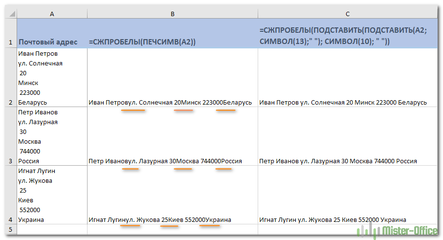 удалить разрывы строк и непечатаемые символы в ячейке Excel
