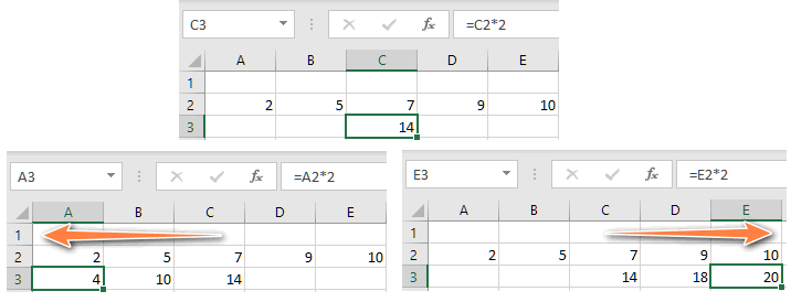 изменение ссылки при относительной адресации в Excel