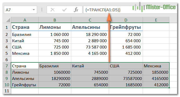 функция ТРАНСП в Excel