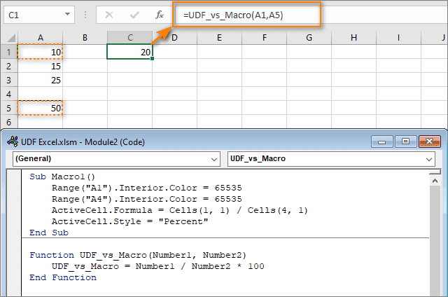 сравнение работы пользовательской функции и макроса в Excel