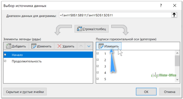 как изменить источник данных для диаграммы