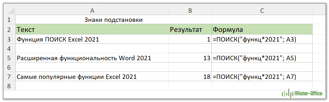 функция ПОИСК в Excel с подстановочными знаками