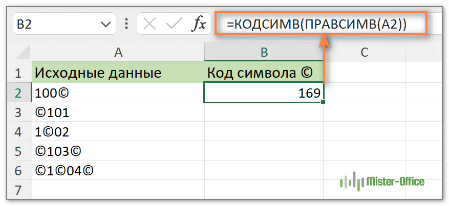 как определить код символа в Excel