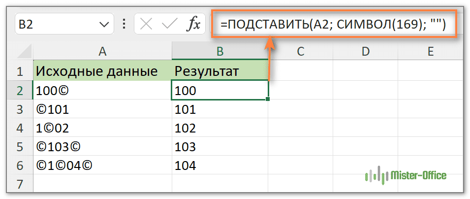 как удалить символ с определенным кодом в Excel