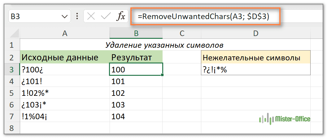 удалить ненужные символы из ячейки Excel