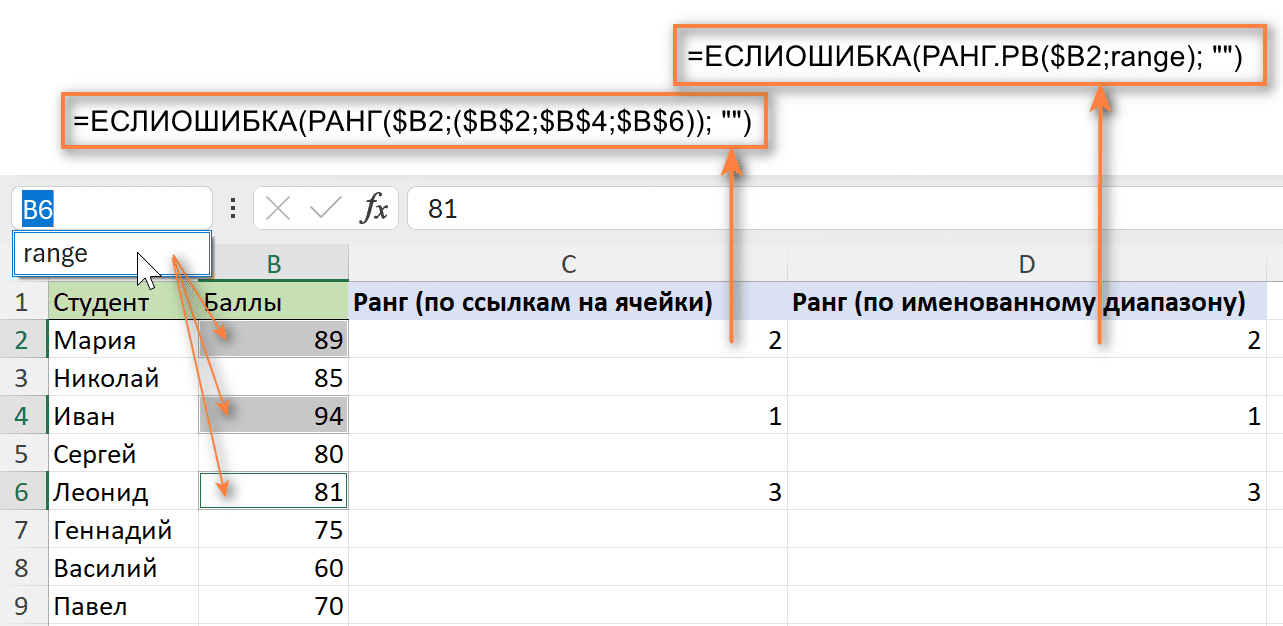 Как ранжировать числа в несмежных ячейках Excel