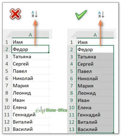 когда Excel при сортировке не может распознать заголовок столбца