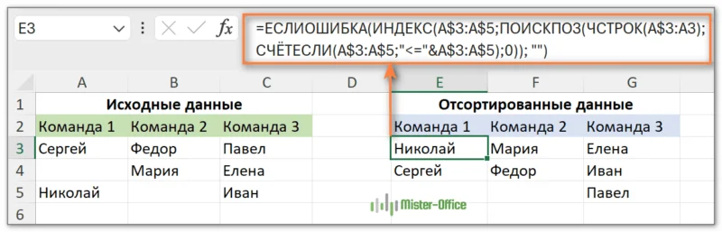 как сортировать формулой ячейки в каждом столбце отдельно