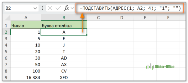 получить номер любого столбца Excel в нескольких буквах 