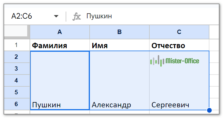 Сохраняется только первое значение из объединяемых ячеек